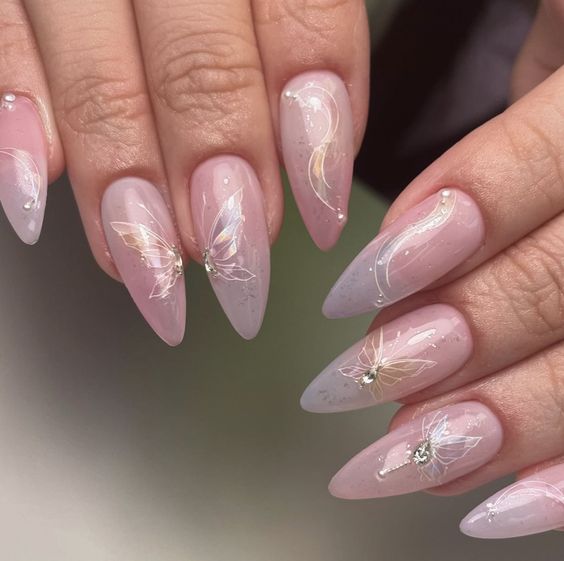 Pink and White Butterfly Nails