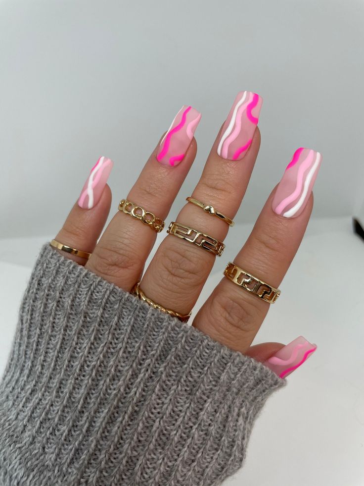 Pink and White Chevron Pattern Nails