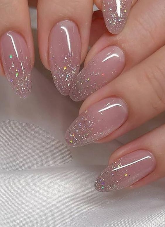 Pink and White Glitter Fade Nails