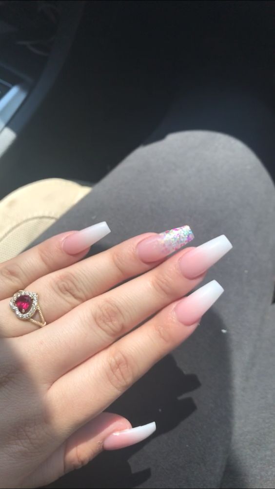 Pink and White Ombre With Glitter Accent Nail