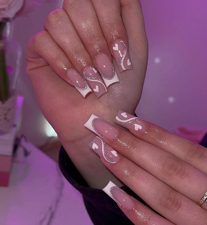Pink and White Nails Ombre with Glitters